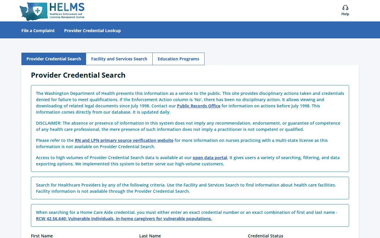 Washington provider credential search for a Mill Creek East resident lookup