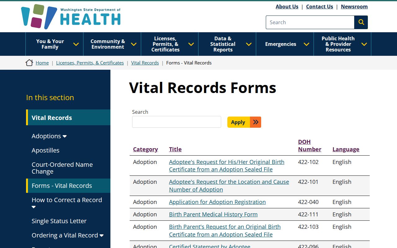 Mill Creek East residents directory Washington vital forms